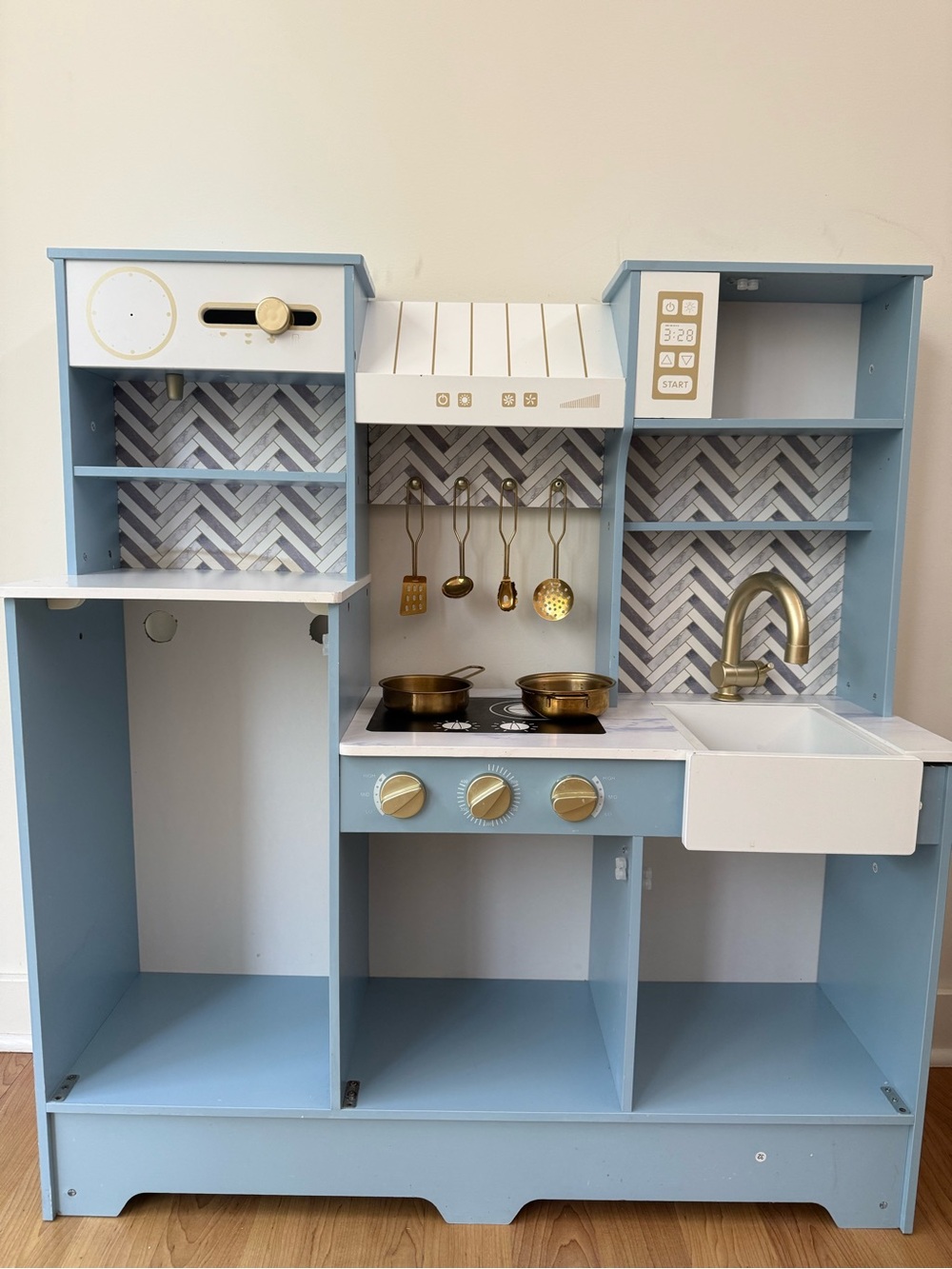 Children's Pastel Blue Play Kitchen with Gold Accents